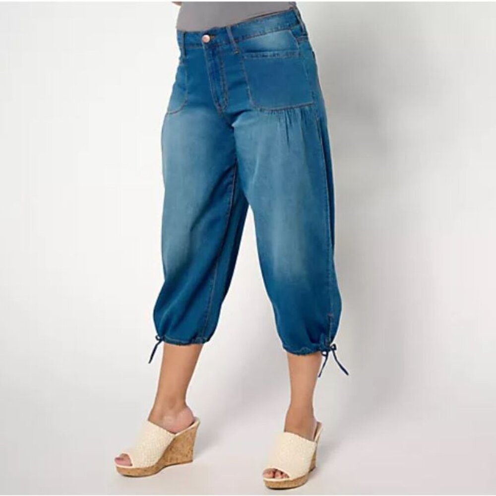 LOGO by Lori Goldstein Regular Wide Leg Crop Jeans w/ Ties-Med Wash- Reg 0